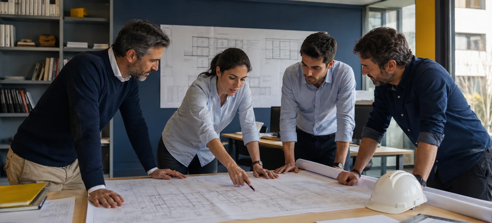Fotografía ilustrativa · equipo técnico estudiando un proyecto de construcción