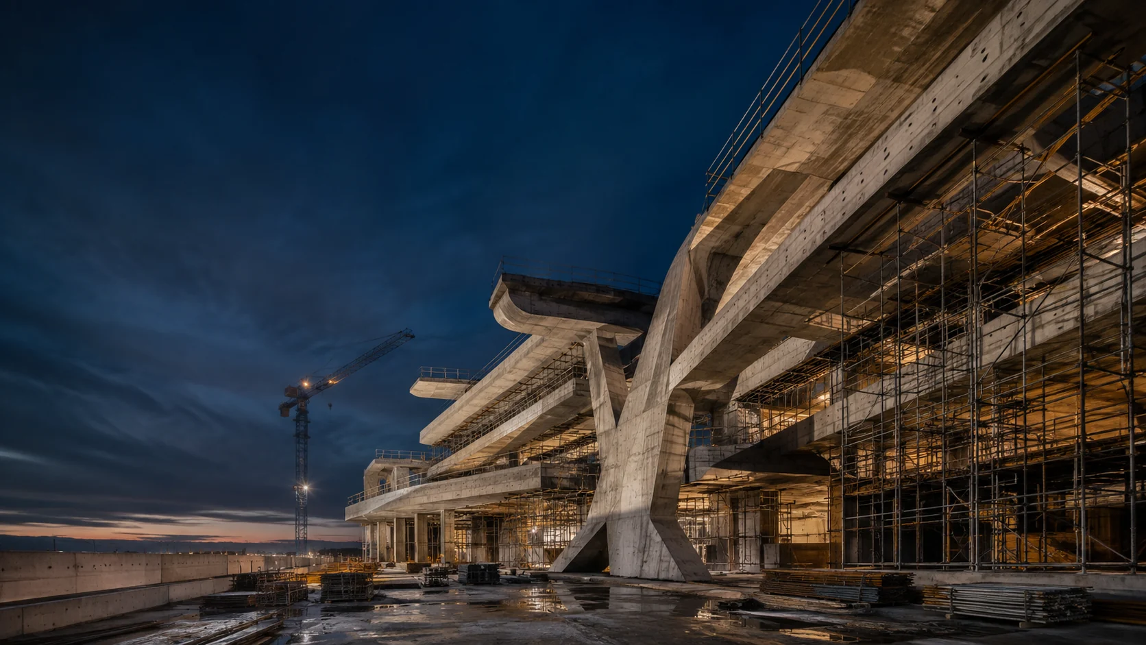Fotografía ilustrativa · concepto arquitectónico de hormigón y andamios generado con IA