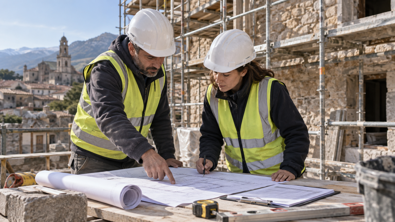 Dos profesionales de construcción revisan planos y costes en una obra de rehabilitación ilustrativa.